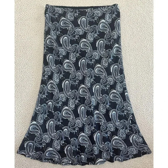 Vintage Silk Maxi Skirt Womens Size 12 Paisley Slip Black Contrast Flowing Midi - Picture 2 of 16